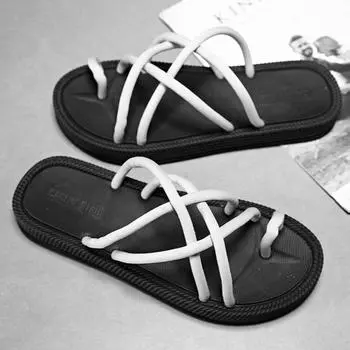 Мужские шлепанцы уличные мужские плетеные веревочные шлепанцы нескользящие износостойкие повседневные универсальные уличные сандалии мужские летние шлепанцы 39 серый