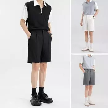 Мужские шорты для костюма, однотонные, прямые, широкие шорты средней посадки с карманами, длиной до колена, с застежкой-молнией на пуговицы M белый