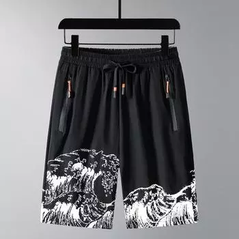 Мужские шорты до колена, ледяной шелк, свободные печатные карманы на молнии, эластичная талия на шнурке, глубокая L чёрный