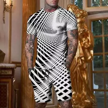 Мужские шорты и футболка, комплект, футболка, наряды, графическая оптическая иллюзия, одежда с круглым вырезом, одежда с 3D принтом S