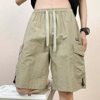 Мужские шорты-карго на шнурке с эластичной резинкой на талии, ледяной шелк, свободные, с несколькими карманами, чистый цвет, до колена, с глубокой промежностью, спортивные повседневные шорты, повседневные короткие брюки M чёрный