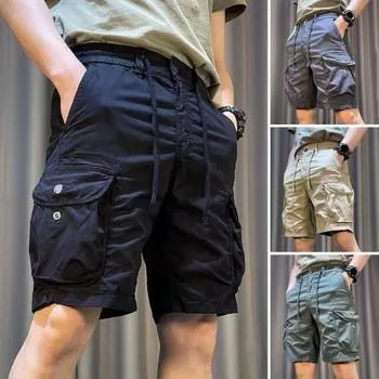 Мужские шорты-карго с эластичной резинкой на талии и регулируемым шнурком, повседневные шорты с усиленными карманами, однотонные пляжные прямые брюки XL хаки