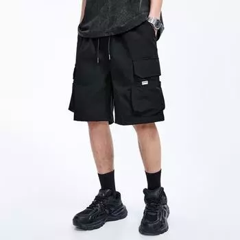 Мужские шорты-карго с низкой посадкой и регулируемым шнурком, повседневные шорты, однотонные свободные шорты с несколькими карманами, велосипедные шорты для отдыха L чёрный