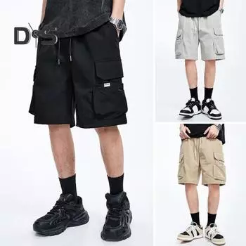 Мужские шорты-карго с низкой посадкой и регулируемым шнурком, повседневные шорты, однотонные свободные шорты с несколькими карманами, велосипедные шорты для отдыха L чёрный
