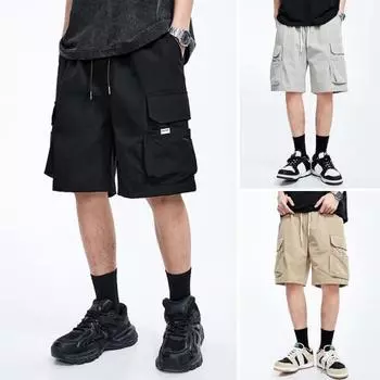 Мужские шорты-карго с низкой посадкой и регулируемым шнурком, повседневные шорты, однотонные свободные шорты с несколькими карманами, велосипедные шорты для отдыха L чёрный