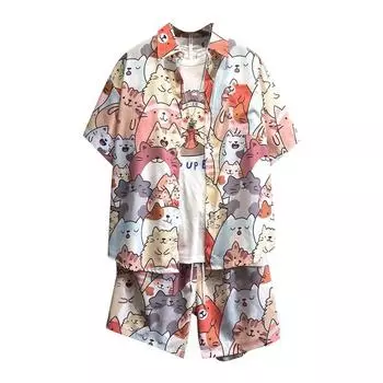 Мужские шорты, костюм, рубашка с цветочным узором, свободные короткие брюки, футболка из двух предметов, повседневные корейские рубашки и шорты, комплект из 2 предметов, мужские тонкие рубашки-брюки в стиле ретро 2XL розовый