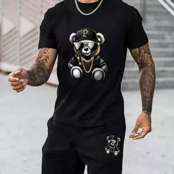 Мужские шорты с короткими рукавами, летний костюм, мужская футболка с трендовым принтом, мужской костюм с круглым вырезом и спортивный мужской костюм из двух частей L