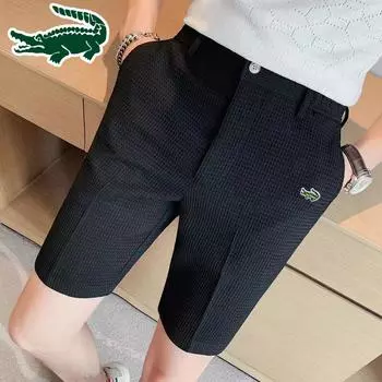Мужские шорты в стиле вафель, весна/лето 2024, тонкие повседневные костюмные брюки с вышивкой, крутые средние брюки с пятью точками 28 чёрный