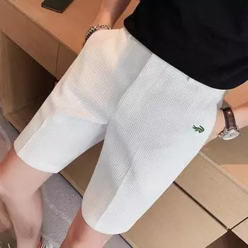 Мужские шорты в стиле вафель, весна/лето 2024, тонкие повседневные костюмные брюки с вышивкой, крутые средние брюки с пятью точками 28 кофейный