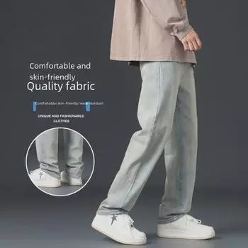 Мужские синие ностальгические свободные джинсы — удобные, модные, износостойкие широкие прямые брюки для весны и осени. 3XL (87.5kg)