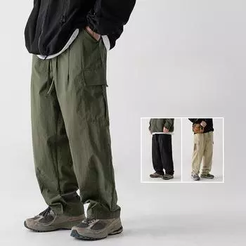 Мужские слегка помятые рабочие брюки в японском стиле, весна-осень, свободные повседневные брюки со складками, длинные брюки с завязками на шнурке M