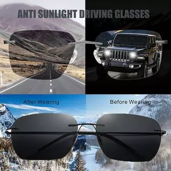 Мужские солнцезащитные очки без оправы из титана с желтыми линзами, ночное видение, специальные очки для вождения с защитой от дальнего света, сверхлегкие солнцезащитные очки без оправы