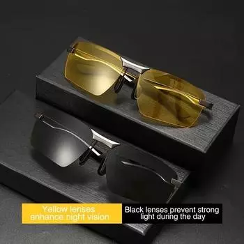 Мужские солнцезащитные очки дневного и ночного видения для вождения с желтыми поляризованными линзами, металлические очки без оправы, для спорта на открытом воздухе, антибликовые очки