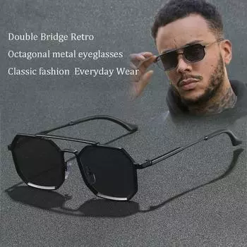 Мужские солнцезащитные очки с металлическим восьмиугольным двойным мостиком: Ретро-классика, универсальная и стильная для повседневной носки черный серый