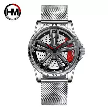Мужские спортивные автомобильные мужские часы, кварцевые водонепроницаемые спортивные наручные часы с колесами из нержавеющей стали, автомобильные кварцевые мужские часы