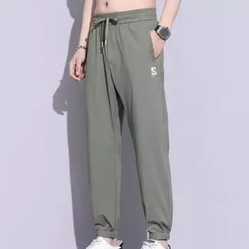 Мужские спортивные брюки из ледяного шелка, быстросохнущие свободные боковые карманы, шнурок на щиколотке, эластичная резинка на талии, однотонные спортивные штаны для тренировок в тренажерном зале и бега L чёрный