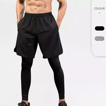 Мужские спортивные брюки Поддельные двойные компрессионные тренировочные шорты и леггинсы Спортивная одежда для тренажерного зала и фитнеса Узкие брюки Спортивная одежда Новинка S чёрный