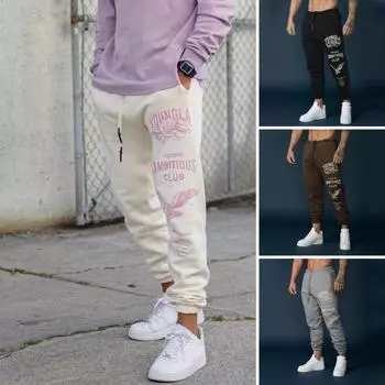 Мужские спортивные брюки с эластичной талией на шнурке и карманами, свободные с принтом, с манжетой до щиколотки M бежевый