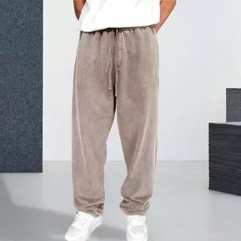 Мужские спортивные брюки с широкими штанинами, эластичным поясом и завязками, однотонные спортивные штаны полной длины, свободные, с карманами, длинные брюки M чёрный