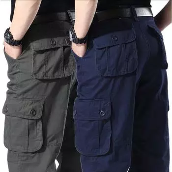 Мужские спортивные брюки средней длины из хлопка с несколькими карманами, повседневные рабочие износостойкие рабочие брюки со средней талией для стройплощадок, не требующие глажки, прямые рабочие брюки 28