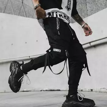 Мужские спортивные брюки в стиле хип-хоп, черные шаровары с несколькими карманами и лентами, мужские спортивные штаны, уличная одежда, повседневные мужские брюки XXXL чёрный