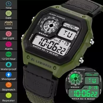 Мужские спортивные часы 30M водонепроницаемые цифровые наручные часы со светодиодной подсветкой Мужской будильник чёрный