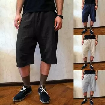Мужские спортивные хлопковые льняные повседневные свободные шорты Повседневные пижамы с карманами для бега Брюки L чёрный