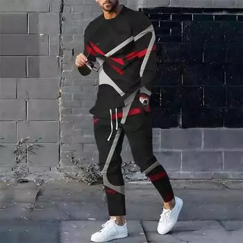 Мужские спортивные костюмы с 3D-принтом, мужские свободные футболки с длинным рукавом, брюки, спортивный костюм, модные повседневные уличные топы, комплекты из 2 предметов S