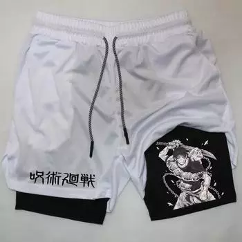 Мужские спортивные шорты аниме шорты для выступлений принтованные мужские спортивные компрессионные шорты для тренировок и бега сетчатые шорты 2 в 1 M