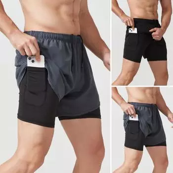 Мужские спортивные шорты с эластичной резинкой на талии, двухслойные спортивные шорты с несколькими карманами, быстросохнущие шорты с защитой от воздействия на эластичной подкладке M чёрный