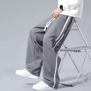 Мужские спортивные штаны с широкими штанинами, свободными шнурками, эластичной резинкой на талии, прямые сплошные цвета, мягкие дышащие, с глубокой промежностью, спортивные длинные брюки для бега во всю длину XL чёрный