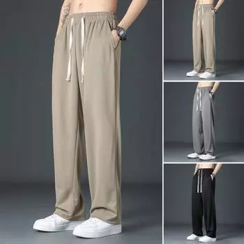 Мужские спортивные штаны Свободные прямые широкие штаны на шнурке с эластичной резинкой на талии Мягкие дышащие однотонные спортивные штаны для тренировок в тренажерном зале Брюки полной длины L темно-серого