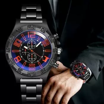 Мужские спортивные светящиеся кварцевые часы со стальным ремешком и синим циферблатом чёрный