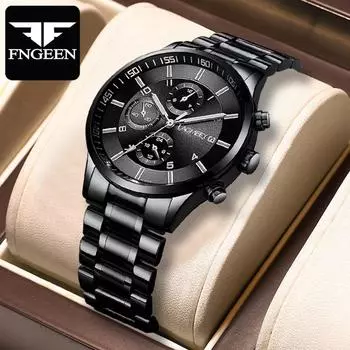 Мужские спортивные светящиеся водонепроницаемые кварцевые часы с тремя глазами из черного золота со стальным ремешком