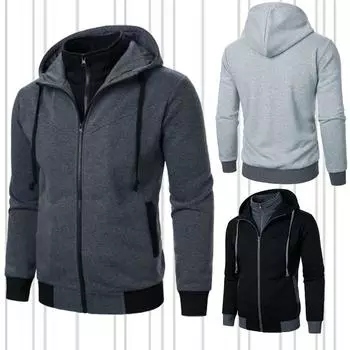 Мужские спортивные толстовки с капюшоном, свободные, модные, поддельные, из двух частей, облегающие, контрастного цвета, с капюшоном, повседневный кардиган на молнии, пальто Yasheng S темно-серого