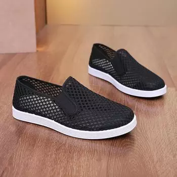 Мужские старые пекинские тканевые туфли с круглым носком, нескользящие рабочие туфли с одной сеткой, весенние и летние повседневные туфли с одной педалью 39 чёрный