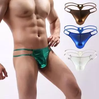 Мужские стринги из искусственной кожи с низкой посадкой, тонкие бретели, полые трусы, U-выпуклые однотонные трусики, нижнее белье-стринги S