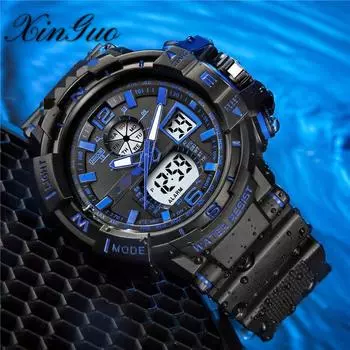 Мужские студенческие модели с большим циферблатом, многофункциональные спортивные водонепроницаемые электронные часы со светодиодной подсветкой и двойным дисплеем синий