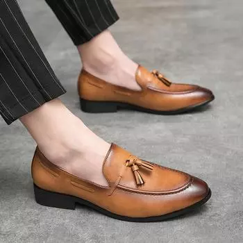 Мужские свадебные туфли без застежек, мокасины, туфли-лодочки, высокое качество, лоферы с кисточками, мужская повседневная обувь, черные кожаные мужские туфли 6.5