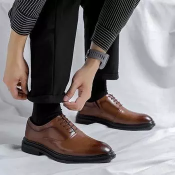 Мужские свадебные туфли, кожаные на шнуровке, деловые туфли, повседневные молодежные туфли, британский стиль, весна и осень, черные кожаные туфли 38 чёрный