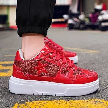 Мужские сверкающие туфли, легкие кроссовки, красные, золотые, женские, низкие, повседневные, для школьников, большие размеры EU: 38 золотой