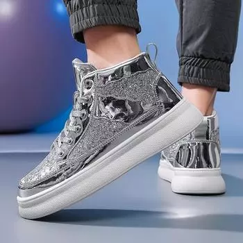 Мужские сверкающие туфли, легкие кроссовки, серебряные, золотые, женские, высокие, повседневные, для школьников, больших размеров EU: 38 золотой