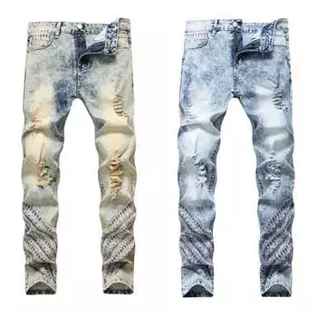 Мужские светлые ностальгические мотоциклетные джинсы с вышитыми отверстиями, прямые эластичные джинсы 29 синий