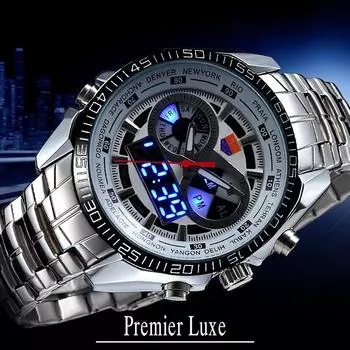 Мужские светодиодные часы, многофункциональные часы, кварцевые часы из нержавеющей стали with gift box серебряный