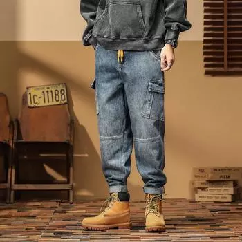 Мужские свободные джинсы для весенней рабочей одежды — модные прямые брюки с множеством карманов в стиле ретро, большие размеры 38 (180-200 jin) синий