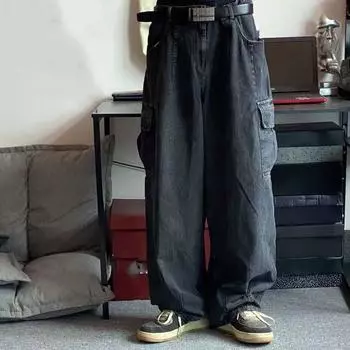 Мужские свободные джинсы с широкими штанинами, прямые, с большими карманами XS чёрный