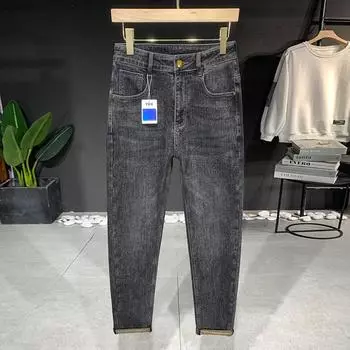 Мужские свободные маленькие прямые брюки-харун с полосатой подошвой, эластичные джинсы с обычной вышивкой для мальчиков на весну и осень 38