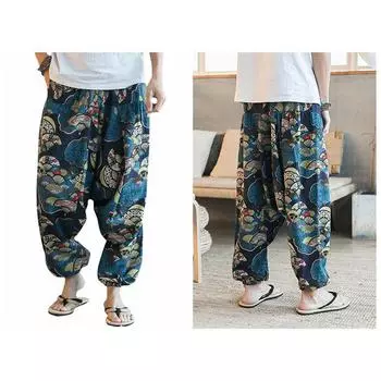 Мужские свободные мешковатые длинные брюки с цветочным принтом, широкие брюки, японские хакама, повседневные винтажные брюки большого размера XS