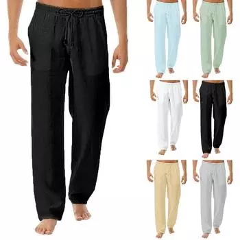 Мужские свободные однотонные брюки, хлопковые льняные прямые брюки, спортивные штаны с карманами, мягкие спортивные штаны со средней талией M белый