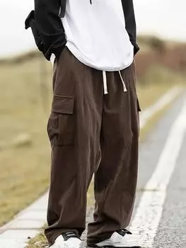 Мужские свободные однотонные брюки с несколькими карманами, повседневные брюки на шнурке для улицы M чёрный